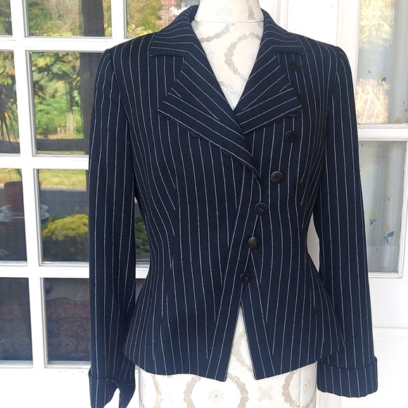 Vintage Y2K Armani Collezioni Pinstripe Wool Blend Blazer Black 8 - Picture 1 of 10